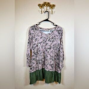 LOGO  Dusty Rose w/green leaf motif. Green lower ruffle. Blouse - Pink and Green